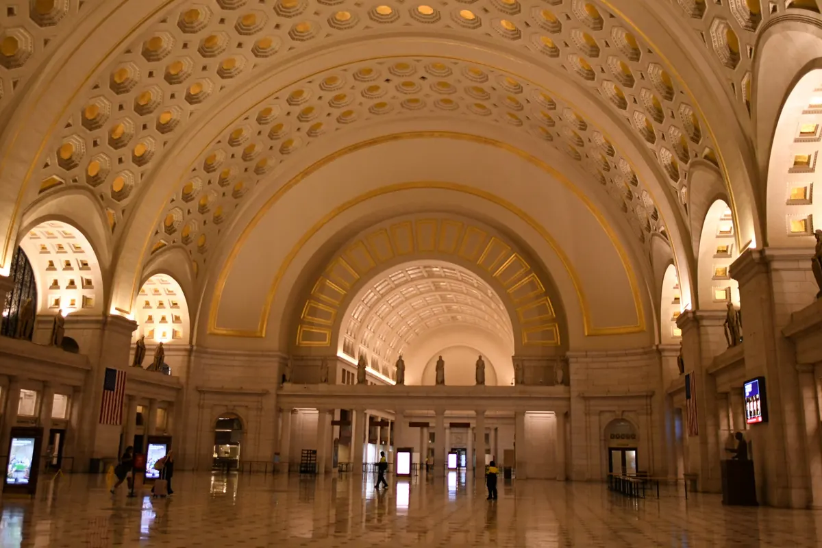 Grand Hall of Union Station in Washington, D.C., showing vaulted arches, pathways, and public circulation space.